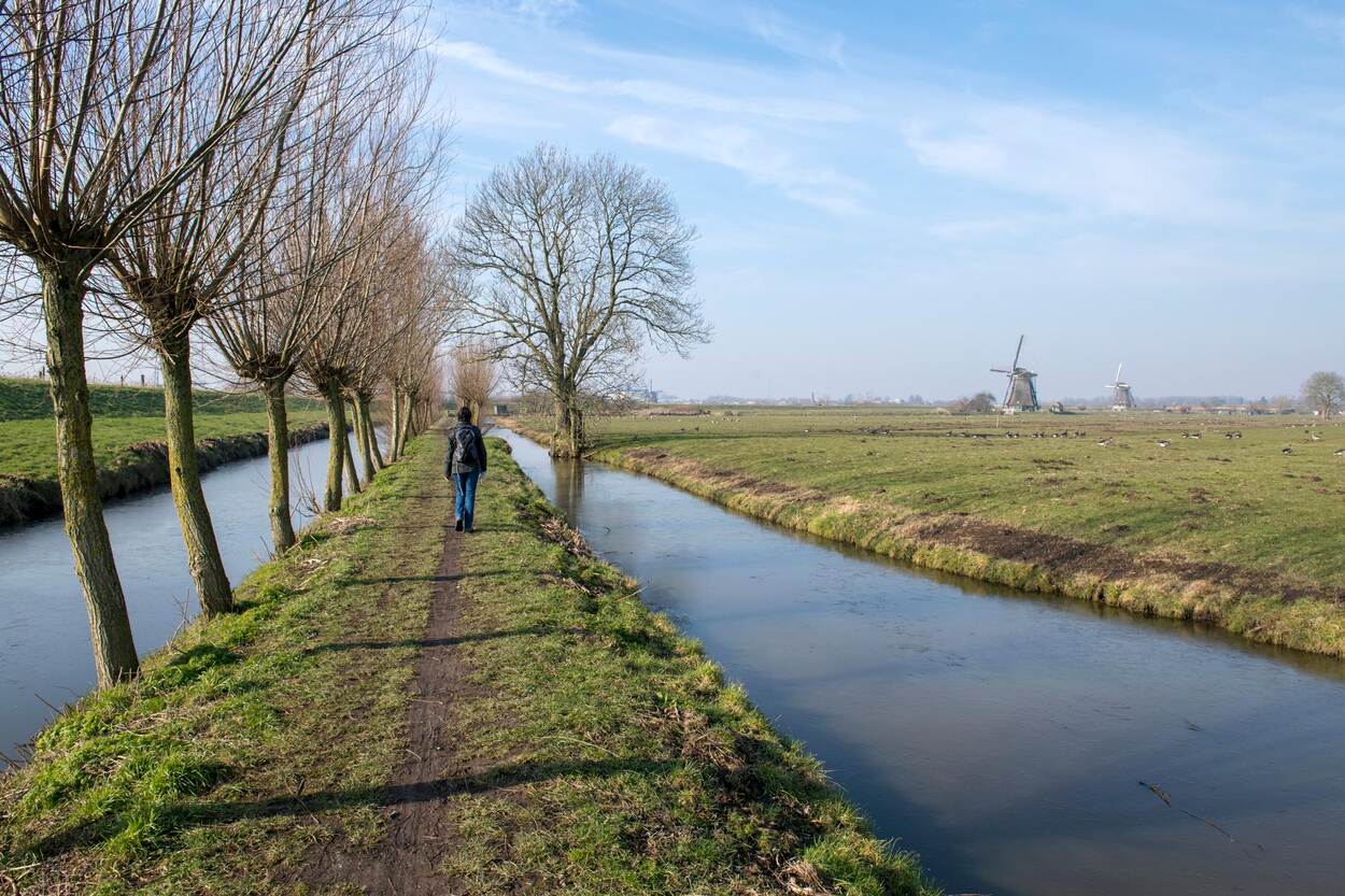 Persoon die over een dijk in het landelijk gebied loopt